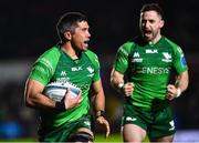 4 March 2023; Jarrad Butler of Connacht celebrates scoring a try during the United Rugby Championship match between Dragons and Connacht at Rodney Parade in Newport, Wales. Photo by Ben Evans/Sportsfile
