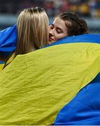 5 March 2023; First placed Yaroslava Mahuchikh of Ukraine, right embraces third placed Kateryna Tabashnyk of Ukraine after the women's high jump final during Day 3 of the European Indoor Athletics Championships at Ataköy Athletics Arena in Istanbul, Türkiye. Photo by Sam Barnes/Sportsfile