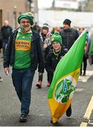 5 March 2023; Kerry supporters Brendan Gallagher and his son Daniel, age 13, from Listry, Kerry, before the Allianz Football League Division 1 match between Tyrone and Kerry at O'Neill's Healy Park in Omagh, Tyrone. Photo by Ramsey Cardy/Sportsfile