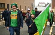 5 March 2023; Kerry supporters Brendan Gallagher and his son Daniel, age 13, from Listry, Kerry, before the Allianz Football League Division 1 match between Tyrone and Kerry at O'Neill's Healy Park in Omagh, Tyrone. Photo by Ramsey Cardy/Sportsfile