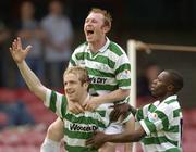 12 June 2004; Stephen Gough, Shamrock Rovers, celebrates with team-mates Trevor Molloy, top, and Mark Rutherford, right, after scoring his sides second goal against Bohemians. eircom league, Premier Division, Shamrock Rovers v Bohemians, Dalymount Park, Dublin. Picture credit; Pat Murphy / SPORTSFILE