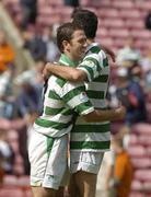 12 June 2004; Shamrock Rovers team-mates Terry Palmer and Keith Doyle, left, celebrate victory over Bohemians. eircom league, Premier Division, Shamrock Rovers v Bohemians, Dalymount Park, Dublin. Picture credit; Pat Murphy / SPORTSFILE
