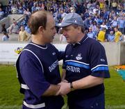 12 June 2004; The Dublin manager Tommy Lyons is congratulated by his opposite number John McParland, left, after the game. Bank of Ireland Football Championship Qualifier, Round 1, Dublin v London, Parnell Park, Dublin. Picture credit; Ray McManus / SPORTSFILE