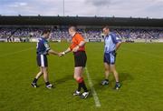 12 June 2004; Referee Brian Tyrrell greets London captain John Niblock and Dublin captain Ciaran Whelan. Bank of Ireland Football Championship Qualifier, Round 1, Dublin v London, Parnell Park, Dublin. Picture credit; Ray McManus / SPORTSFILE