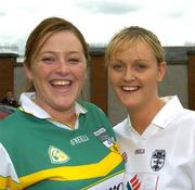 12 June 2004; Offaly fan Sinead Dillon, left, from Edenderry, Co. Offaly, with Kildare fan Karen Conway, from Carbery, Co. Kildare, before the game. Bank of Ireland Football Championship Qualifier, Round 1, Kildare v Offaly, St. Conleth's Park, Newbridge, Co. Kildare. Picture credit; Brendan Moran / SPORTSFILE