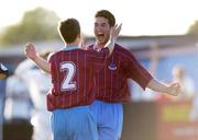 14 June 2004; Gavin Whelan, right, Drogheda United, celebrates after scoring his sides first goal with team-mate David Sullivan. eircom league, Premier Division, Drogheda United v Shelbourne, United Park, Drogheda, Co. Louth. Picture credit; David Maher / SPORTSFILE