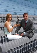 15 June 2004; Mary O'Donnell, Waterford, winner of the Irish Independent / Lucozade Sport Player of the Month for May with Tom Cronin, lucozade seniorn product manager. Croke Park, Dublin. Picture credit; David Maher / SPORTSFILE