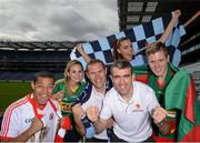 22 August 2013; eircom, proud sponsors of the GAA Football All-Ireland Senior Championship today launched the eircom GAA Football FanPic initiative. The eircom GAA Football FanPic initiative allows fans to search and spot themselves in a 360 degree photograph that will be taken of the crowds at each of the upcoming GAA Football All-Ireland Senior Championship Semi Finals and Final. GAA Football fans will have an opportunity to tag and share their photo via their Facebook account the day after each match. Pictured at the launch in Croke Park were eircom GAA ambassadors former Dublin footballer Ciaran Whelan and Kildare footballer Johnny Doyle, with supporters, from left, Daryl McCormick, Tyrone, Roisin Kavanagh, Kerry, Tara O'Farrell, Dublin, and Peter Cummins, Mayo, inviting fans to tag themselves at the semi-finals in Croke Park. Croke Park, Dublin. Picture credit: Brian Lawless / SPORTSFILE