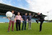 22 August 2013; Former Liverpool player Phil Thompson takes a penalty in MacHale Park watched by Newstalk 106-108 FM’s Off the Ball presenters, from left ,Wexford hurler Diarmuid Lyng, Peter Mulry, Branch manager, Ulster Bank Belmullet, presenter Ger Gilroy, and Laois footballer Colm Parkinson in advance of the live broadcast of Ireland’s most popular sports radio show ‘Off the Ball’ at Castlebar Mitchels GAA Club in Mayo on Thursday 22nd August. The ‘Off The Ball Roadshow with Ulster Bank’, which has already been to Donegal and Kerry, will also visit Cork and Dublin, to give GAA fans the opportunity to experience the multi award-winning show, where they will broadcast live from GAA haunts and clubs across the country. As part of the summer-long roadshow, Ulster Bank is also searching for Ireland’s ‘Best GAA Fan’. GAA super-fans are being invited to log on to ulsterbank.com/GAA to submit their most passionate and dedicated stories, pictures and videos that demonstrate the lengths they go to in supporting their county. There will be weekly prizes and Ireland’s Best GAA Fan will be chosen to win €5,000 towards a home make-over and a trip to the GAA All-Ireland Senior Football Final. Castlebar Mitchels GAA Club, Elvery's MacHale Park, Castlebar, Co. Mayo. Picture credit: Matt Browne / SPORTSFILE