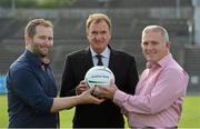 22 August 2013; Former Liverpool player Phil Thompson, centre, with Newstalk 106-108 FM’s Off the Ball presenter Ger Gilroy, left, and Peter Mulry, Branch Manager, Ulster Bank Belmullet, in advance of the live broadcast of Ireland’s most popular sports radio show ‘Off the Ball’ at Castlebar Mitchels GAA Club in Mayo on Thursday 22nd August. The ‘Off The Ball Roadshow with Ulster Bank’, which has already been to Donegal and Kerry, will also visit Cork and Dublin, to give GAA fans the opportunity to experience the multi award-winning show, where they will broadcast live from GAA haunts and clubs across the country. As part of the summer-long roadshow, Ulster Bank is also searching for Ireland’s ‘Best GAA Fan’. GAA super-fans are being invited to log on to ulsterbank.com/GAA to submit their most passionate and dedicated stories, pictures and videos that demonstrate the lengths they go to in supporting their county. There will be weekly prizes and Ireland’s Best GAA Fan will be chosen to win €5,000 towards a home make-over and a trip to the GAA All-Ireland Senior Football Final. Castlebar Mitchels GAA Club, Elvery's MacHale Park, Castlebar, Co. Mayo. Picture credit: Matt Browne / SPORTSFILE