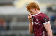 5 March 2023; Peter Cooke of Galway leaves the pitch after being shown a red card during the Allianz Football League Division 1 match between Galway and Monaghan at Pearse Stadium in Galway. Photo by Seb Daly/Sportsfile