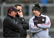 5 March 2023; Galway manager Pádraic Joyce, right, in conversation with selectors Cian O'Neill, centre, and John Concannon during the Allianz Football League Division 1 match between Galway and Monaghan at Pearse Stadium in Galway. Photo by Seb Daly/Sportsfile