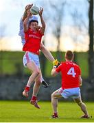 5 March 2023; Tommy Durnin of Louth and Kevin Feely of Kildare contest a high ball during the Allianz Football League Division 2 match between Louth and Kildare at Páirc Mhuire in Ardee, Louth. Photo by Ben McShane/Sportsfile