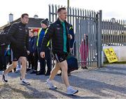 5 March 2023; Mayo players Ryan O'Donoghue, right, and Stephen Coen arrive for the Allianz Football League Division 1 match between Roscommon and Mayo at Dr Hyde Park in Roscommon. Photo by Piaras Ó Mídheach/Sportsfile