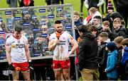 5 March 2023; Tyrone captain Padraig Hampsey, right, and man of the match Matthew Donnelly are interviewed by Cuán Ó Flatharta of TG4 after the Allianz Football League Division 1 match between Tyrone and Kerry at O'Neill's Healy Park in Omagh, Tyrone. Photo by Ramsey Cardy/Sportsfile
