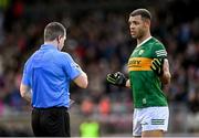 5 March 2023; Stefan Okunbor of Kerry appeals to Referee Martin McNally before being shown a yellow card during the Allianz Football League Division 1 match between Tyrone and Kerry at O'Neill's Healy Park in Omagh, Tyrone. Photo by Ramsey Cardy/Sportsfile