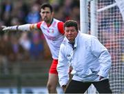 5 March 2023; Umpire David Coady watches on alongside Mayo goalkeeper Rory Byrne during the Allianz Football League Division 1 match between Roscommon and Mayo at Dr Hyde Park in Roscommon. Photo by Piaras Ó Mídheach/Sportsfile