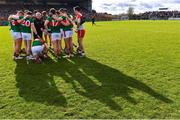 5 March 2023; Mayo assistant manager Stephen Rochford speaks to players in a huddle before the Allianz Football League Division 1 match between Roscommon and Mayo at Dr Hyde Park in Roscommon. Photo by Piaras Ó Mídheach/Sportsfile