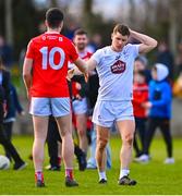 5 March 2023; Jack Sargent of Kildare with Liam Jackson of Louth at the full time whistle of the Allianz Football League Division 2 match between Louth and Kildare at Páirc Mhuire in Ardee, Louth. Photo by Ben McShane/Sportsfile
