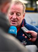 5 March 2023; Cork manager John Cleary is interviewed after the Allianz Football League Division 2 match between Clare and Cork at Cusack Park in Ennis, Clare. Photo by Eóin Noonan/Sportsfile