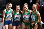 5 March 2023 The Ireland women's 4x400m relay team, from left, Cliodhna Manning, Phil Healy, Sophie Becker and Sharlene Mawdsley after competing in the women's 4x400m relay final during Day 3 of the European Indoor Athletics Championships at Ataköy Athletics Arena in Istanbul, Türkiye. Photo by Sam Barnes/Sportsfile