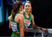 5 March 2023; Sophie Becker, right, and Sharlene Mawdsley of Ireland after competing in the women's 4x400m relay final during Day 3 of the European Indoor Athletics Championships at Ataköy Athletics Arena in Istanbul, Türkiye. Photo by Sam Barnes/Sportsfile