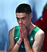 5 March 2023; Darragh McElhinney of Ireland reacts after finishing fourth in the men's 3000m final during Day 3 of the European Indoor Athletics Championships at Ataköy Athletics Arena in Istanbul, Türkiye. Photo by Sam Barnes/Sportsfile