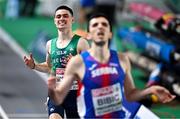 5 March 2023; Darragh McElhinney of Ireland reacts after finishing fourth behind Elzan Bibic of Serbia in the men's 3000m final during Day 3 of the European Indoor Athletics Championships at Ataköy Athletics Arena in Istanbul, Türkiye. Photo by Sam Barnes/Sportsfile