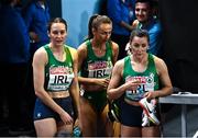 5 March 2023; Cliodhna Manning, Sharlene Mawdsley and Phil Healy of Ireland after the women's 4x400m relay final during Day 3 of the European Indoor Athletics Championships at Ataköy Athletics Arena in Istanbul, Türkiye. Photo by Sam Barnes/Sportsfile
