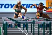 5 March 2023; Sarah Lavin of Ireland, left, and Ditaji Kambundji of Switzerland compete in the women's 60m hurdles final during Day 3 of the European Indoor Athletics Championships at Ataköy Athletics Arena in Istanbul, Türkiye. Photo by Sam Barnes/Sportsfile