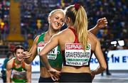 5 March 2023; Sarah Lavin of Ireland, left, and Mette Graversgaard of Denmark after competing in the women's 60m hurdles final during Day 3 of the European Indoor Athletics Championships at Ataköy Athletics Arena in Istanbul, Türkiye. Photo by Sam Barnes/Sportsfile