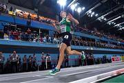 5 March 2023; Darragh McElhinney of Ireland reacts as he crosses the line to finish fourth in the men's 3000m final during Day 3 of the European Indoor Athletics Championships at Ataköy Athletics Arena in Istanbul, Türkiye. Photo by Sam Barnes/Sportsfile