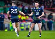 5 March 2023; Donal Lenihan of Meath, left, celebrates with teammate Jordan Morris after scoring his side's second goal during the Allianz Football League Division 2 match between Limerick and Meath at TUS Gaelic Grounds in Limerick. Photo by Tyler Miller/Sportsfile