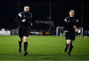 3 March 2023; Officials, including referee Paul McLaughlin, left, and assistant referee Shane O'Brien warm-up before the SSE Airtricity Men's Premier Division match between Dundalk and St Patrick's Athletic at Oriel Park in Dundalk, Louth. Photo by Ben McShane/Sportsfile