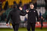 3 March 2023; Derry City first team coach Conor Loughrey, right, and manager Ruaidhrí Higgins after the SSE Airtricity Men's Premier Division match between Shamrock Rovers and Derry City at Tallaght Stadium in Dublin. Photo by Stephen McCarthy/Sportsfile