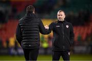 3 March 2023; Derry City assistant manager Alan Reynolds and manager Ruaidhrí Higgins, left, after the SSE Airtricity Men's Premier Division match between Shamrock Rovers and Derry City at Tallaght Stadium in Dublin. Photo by Stephen McCarthy/Sportsfile