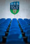 6 March 2023; A view of the UCD crest before the SSE Airtricity Men's Premier Division match between UCD and Derry City at the UCD Bowl in Dublin. Photo by Stephen McCarthy/Sportsfile