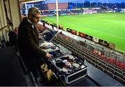 6 March 2023; Club volunteer Richie O'Connell plays records on the stadium's PA system before the SSE Airtricity Men's Premier Division match between Bohemians and Drogheda United at Dalymount Park in Dublin. Photo by Harry Murphy/Sportsfile