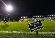 6 March 2023; A general view of the grounds as a member of the Cork City backroom sets-up for the warm-up before the SSE Airtricity Men's Premier Division match between Shamrock Rovers and Cork City at Tallaght Stadium in Dublin. Photo by Piaras Ó Mídheach/Sportsfile