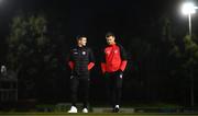 6 March 2023; Ciaran Coll, left and Patrick McEleney of Derry City walk the pitch before the SSE Airtricity Men's Premier Division match between UCD and Derry City at the UCD Bowl in Dublin. Photo by Stephen McCarthy/Sportsfile