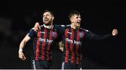 6 March 2023; Jordan Flores of Bohemians, left, celebrates with teammate Jay Benn after scoring hs side's first goal during the SSE Airtricity Men's Premier Division match between Bohemians and Drogheda United at Dalymount Park in Dublin. Photo by Harry Murphy/Sportsfile