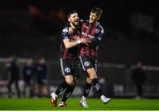 6 March 2023; Jordan Flores of Bohemians, left, celebrates with teammate Jay Benn after scoring hs side's first goal during the SSE Airtricity Men's Premier Division match between Bohemians and Drogheda United at Dalymount Park in Dublin. Photo by Harry Murphy/Sportsfile