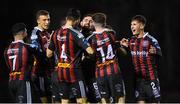 6 March 2023; Jordan Flores of Bohemians, centre, celebrates with teammates after scoring his side's first goal during the SSE Airtricity Men's Premier Division match between Bohemians and Drogheda United at Dalymount Park in Dublin. Photo by Harry Murphy/Sportsfile