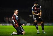 6 March 2023; Ali Coote of Bohemians celebrates with teammate Declan McDaid, right, after scoring his side's second goal during the SSE Airtricity Men's Premier Division match between Bohemians and Drogheda United at Dalymount Park in Dublin. Photo by Harry Murphy/Sportsfile