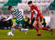 6 March 2023; Johnny Kenny of Shamrock Rovers in action against Cian Coleman of Cork City during the SSE Airtricity Men's Premier Division match between Shamrock Rovers and Cork City at Tallaght Stadium in Dublin. Photo by Piaras Ó Mídheach/Sportsfile