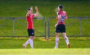 6 March 2023; Jordan McEneff of Derry City, left, celebrates with teammate Michael Leddy after scoring his side's second goal during the SSE Airtricity Men's Premier Division match between UCD and Derry City at the UCD Bowl in Dublin. Photo by Stephen McCarthy/Sportsfile