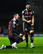 6 March 2023; Ali Coote of Bohemians celebrates with teammate Declan McDaid, right, after scoring his side's second goal during during the SSE Airtricity Men's Premier Division match between Bohemians and Drogheda United at Dalymount Park in Dublin. Photo by Harry Murphy/Sportsfile