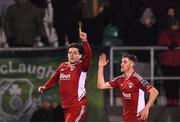 6 March 2023; Ruairi Keating of Cork City celebrates with teammate Darragh Crowley, right, after scoring his side's first goal during the SSE Airtricity Men's Premier Division match between Shamrock Rovers and Cork City at Tallaght Stadium in Dublin. Photo by Piaras Ó Mídheach/Sportsfile