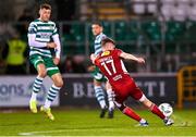 6 March 2023; Darragh Crowley of Cork City shoots to score his side's second goal during the SSE Airtricity Men's Premier Division match between Shamrock Rovers and Cork City at Tallaght Stadium in Dublin. Photo by Piaras Ó Mídheach/Sportsfile