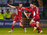 6 March 2023; Darragh Crowley of Cork City, left, celebrates with teammates Ally Gilchrist, 6, and Joshua Honohan after scoring his side's second goal during the SSE Airtricity Men's Premier Division match between Shamrock Rovers and Cork City at Tallaght Stadium in Dublin. Photo by Piaras Ó Mídheach/Sportsfile